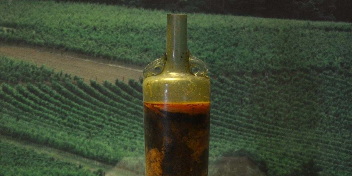 Foto da garrafa de vinho mais antiga do mundo.