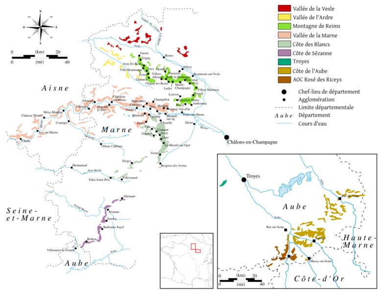 Foto de mapa de regiões de produção de champagne.